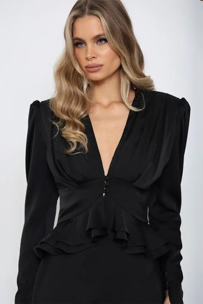 Deep V Neck Waist Cinched Ruffle Hem Shoulder Pad Blouse