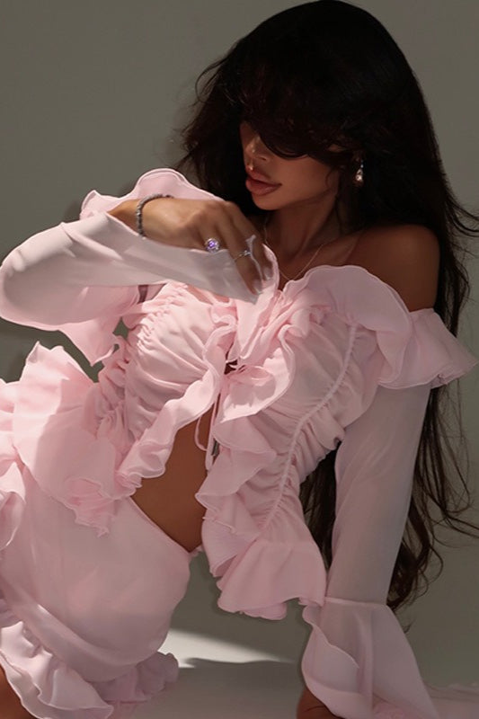 Manga Obispo Hombros Descubiertos Conjunto de Blusa y Falda con Volantes en Capas