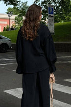 Balloon Sleeve Cotton Cardigan Wide Leg Pants Set