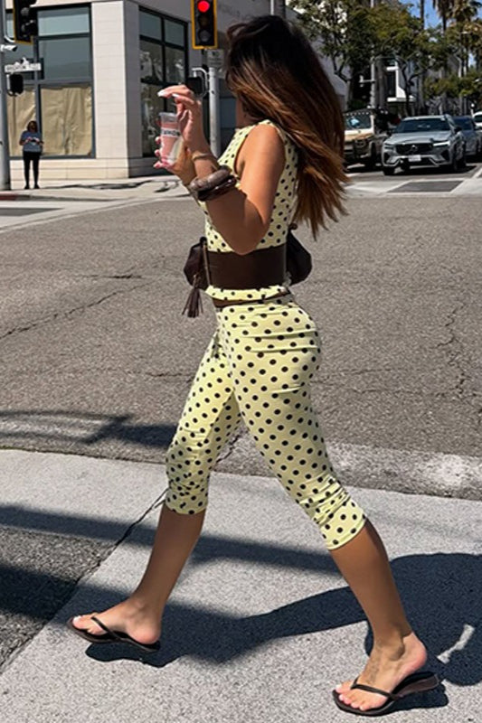 Polka Dot Sleeveless Fitted Capri Pants Set