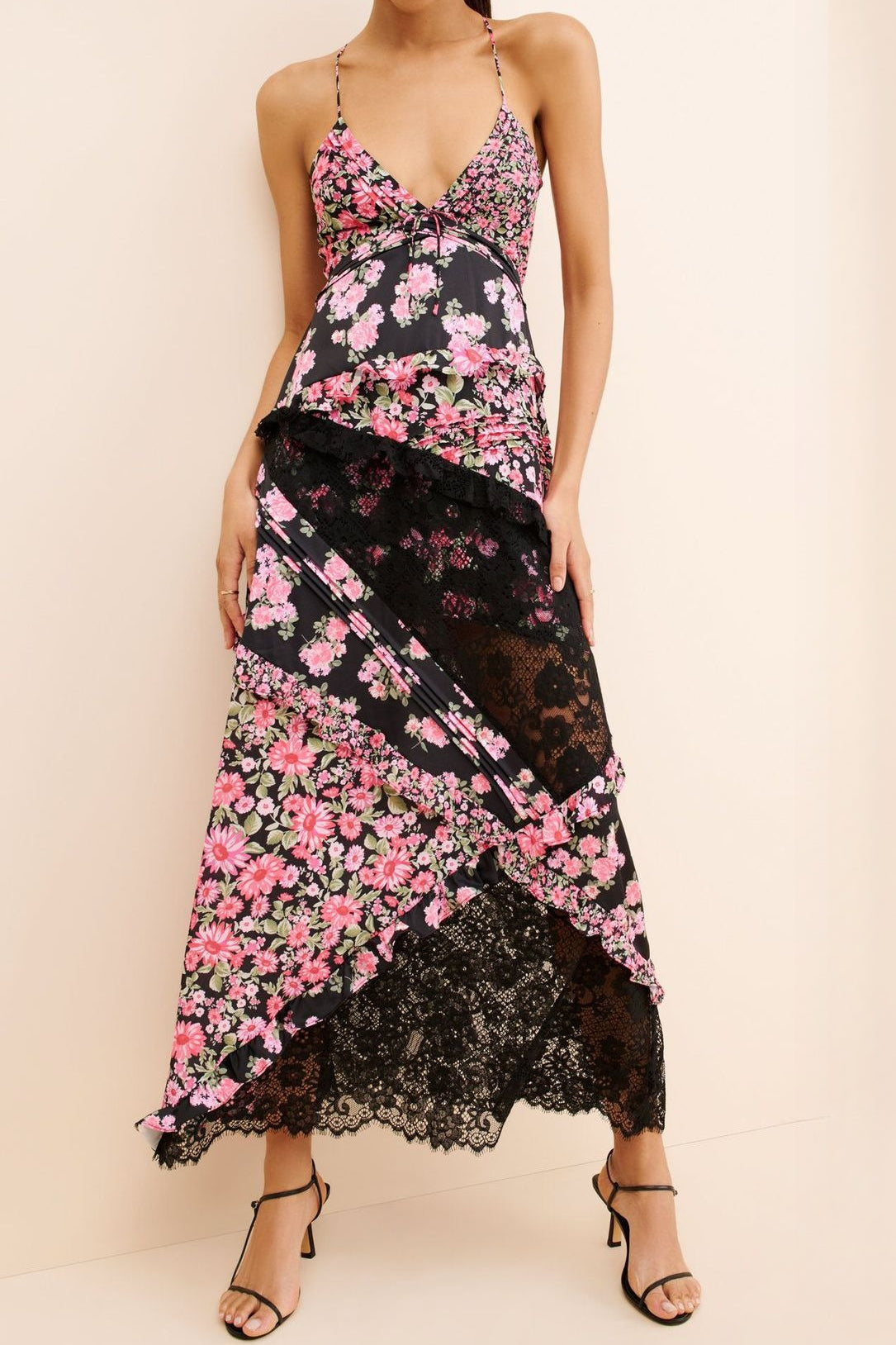 Floral Lace Panel Deep V Spaghetti Strap Maxi Dress
