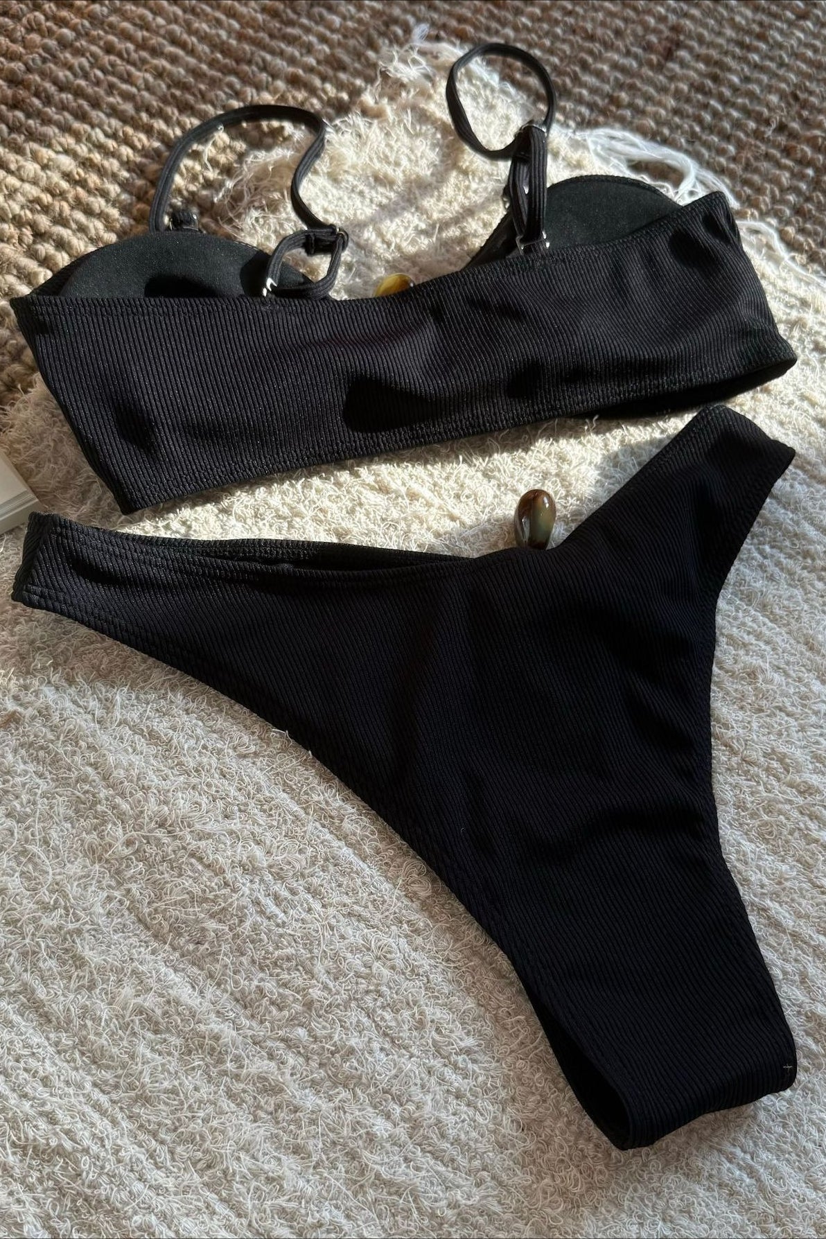 Solid Cutout Beaded Ribbed Bikini Set