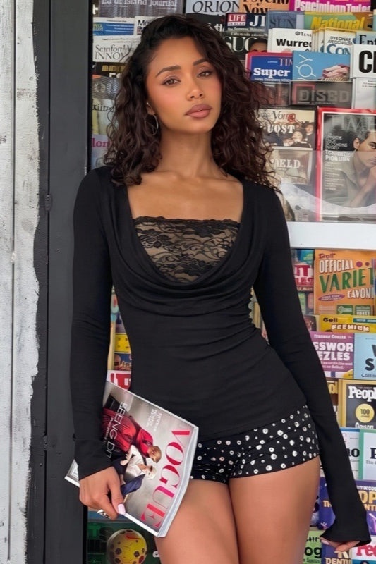 Lace Camisole Cowl Neck Long Sleeve Tee Set