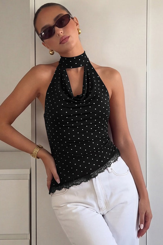 Polka Dot Lace Trim Backless Tie Tube Halter Top