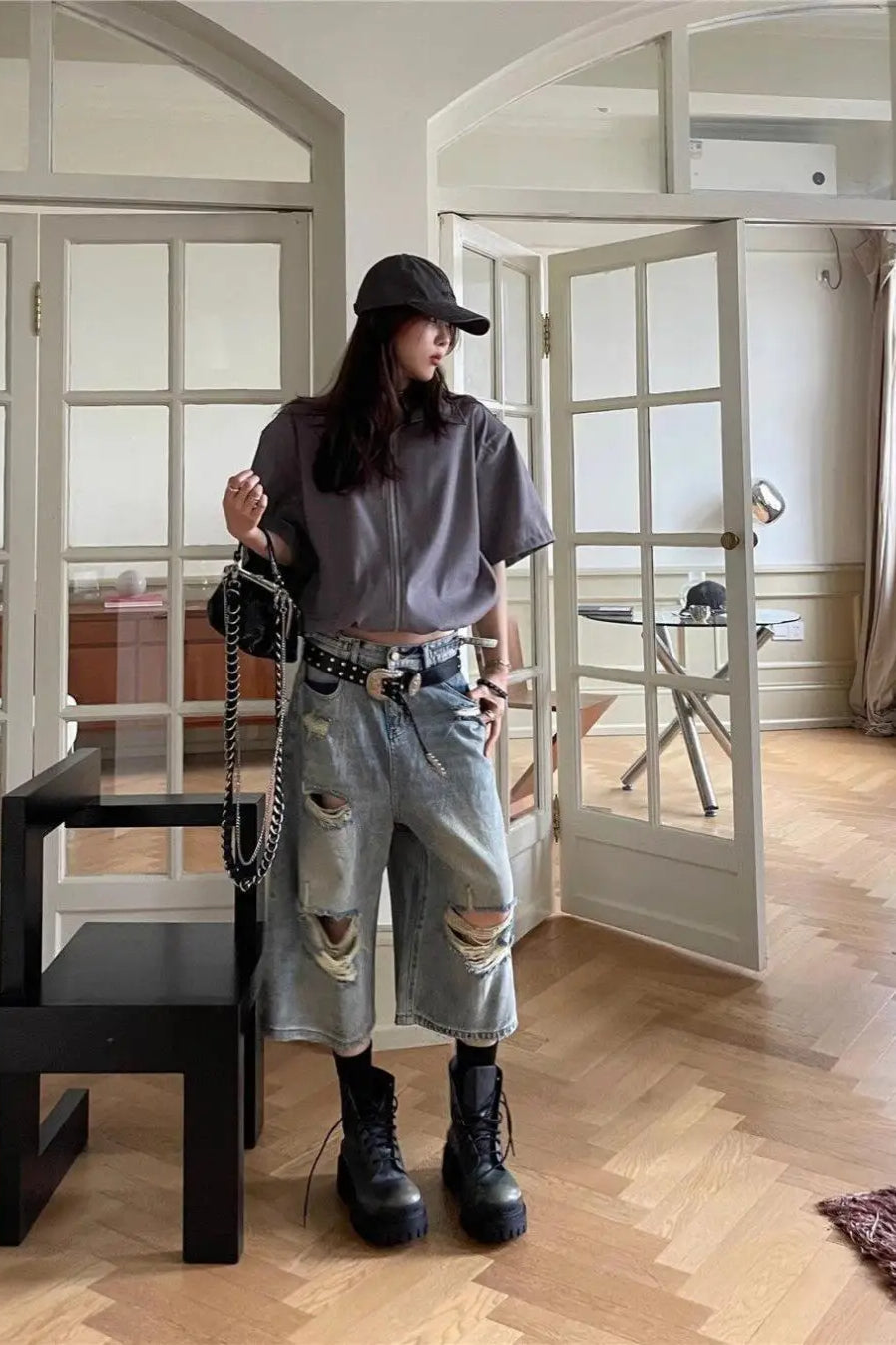 Loose Ripped Capri Wide Leg Jeans