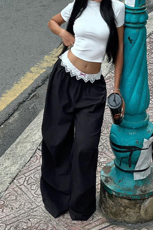Contrast Waist Lace Trim Relaxed Long Pants