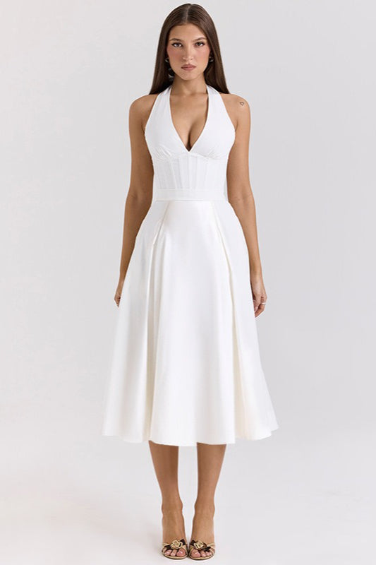 Elegante Escote Profundo en V Halter Espalda Descubierta Vestido Maxi de Fiesta