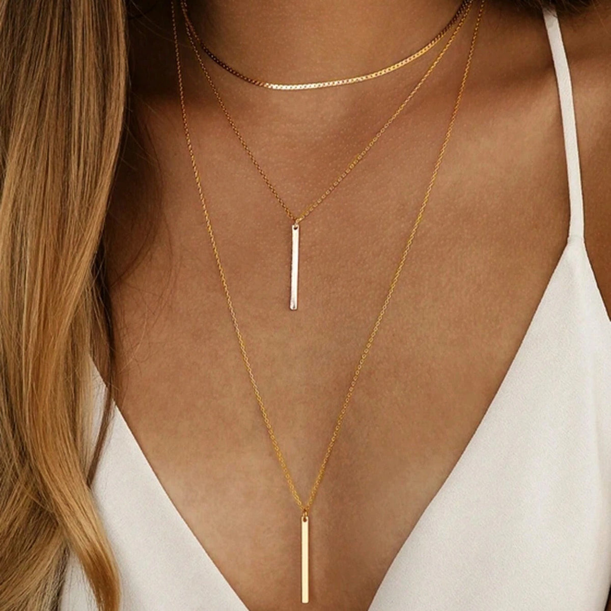 Minimalista Geométrico Colgante de Barra En Capas Con Cadena Collar