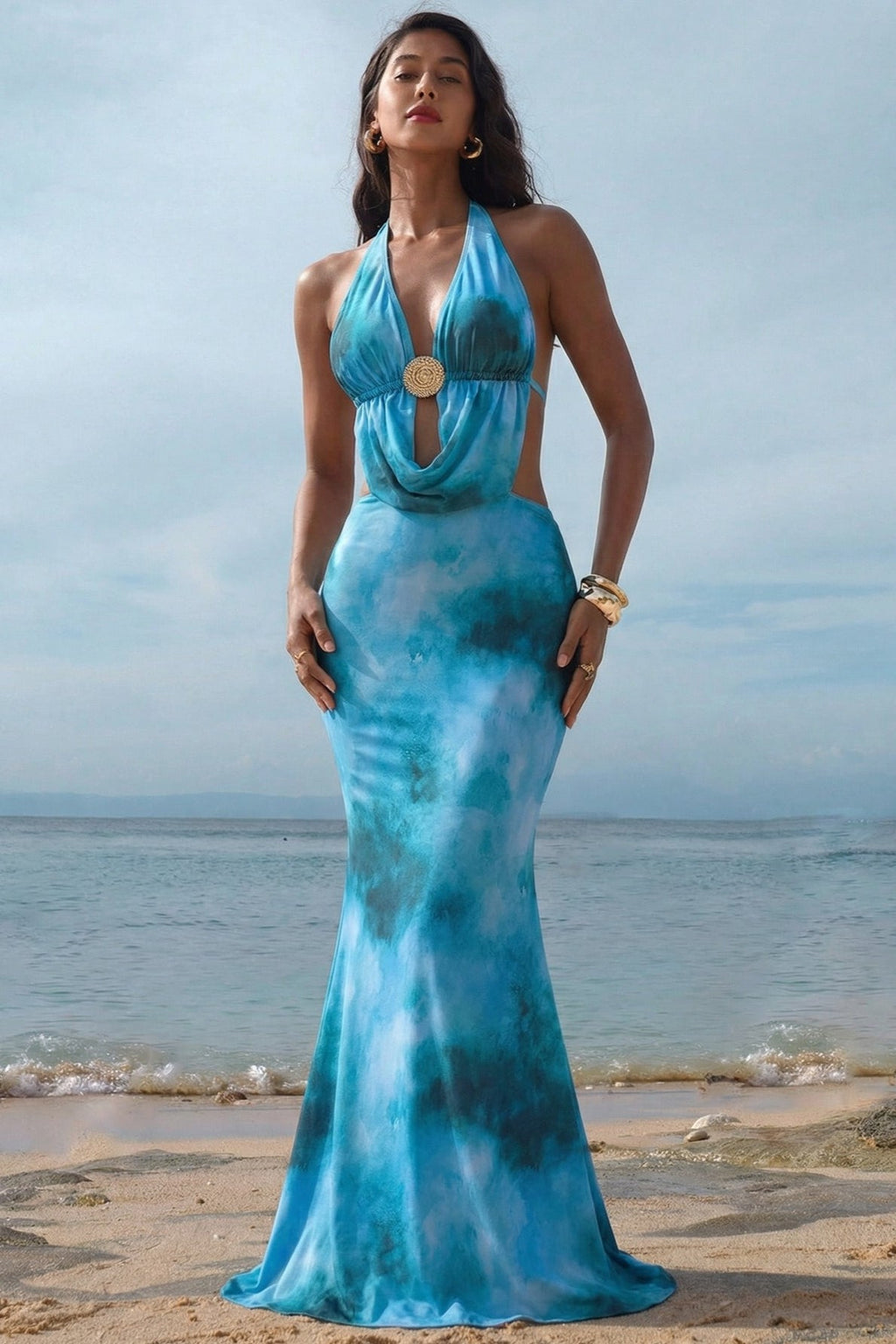 Blue Sexy Tie Dye Beach Cover Vacation Dress