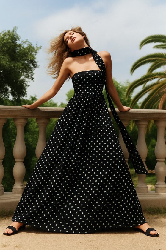 Lunares Hombros Descubiertos Cami Con Lazo Vestido Maxi