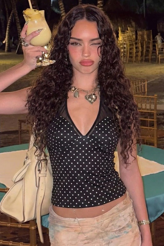 Black Polka Dot Mesh Patchwork Slim Halter Top