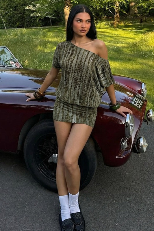 Green Croc Print One Shoulder Backless Mini Dress