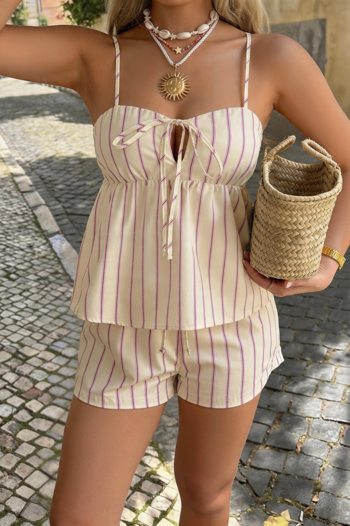 Relaxed Fit Stripe Lace Up Shorts Set
