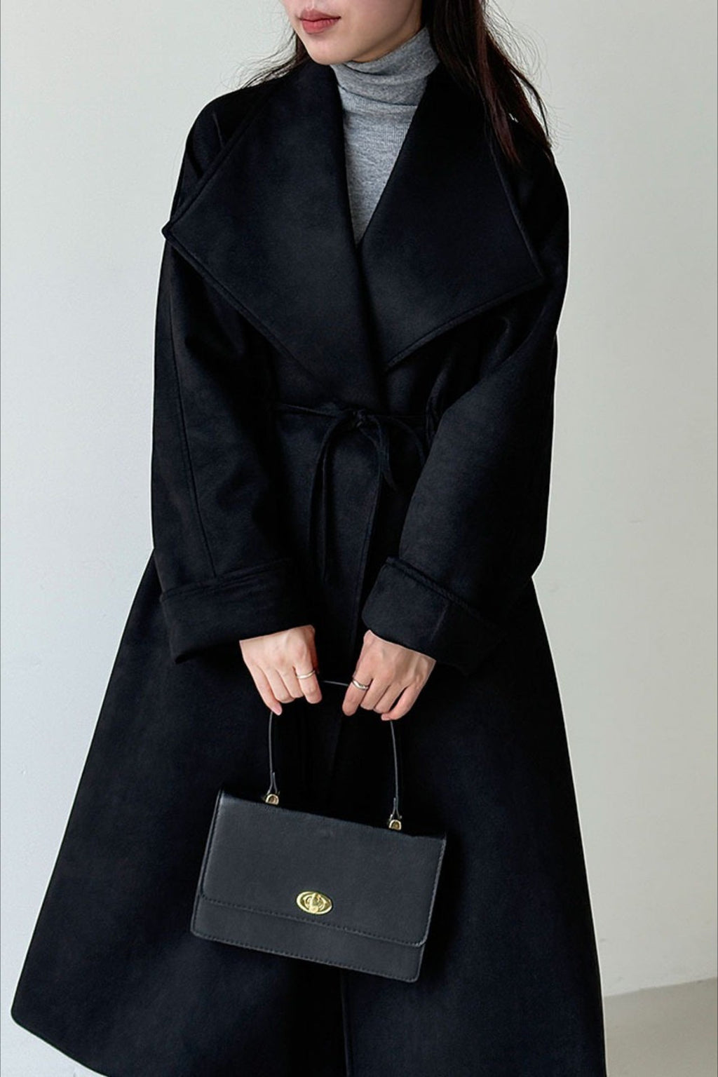 Drawstring Notch Collar Long Relaxed Overcoat