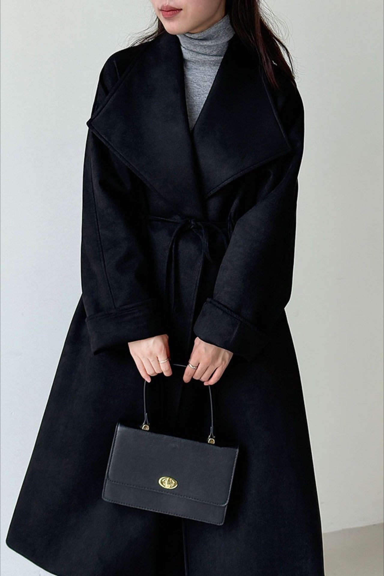 Drawstring Notch Collar Long Relaxed Overcoat