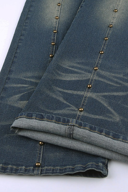 Front Rivet Slim Flare Leg Long Jeans