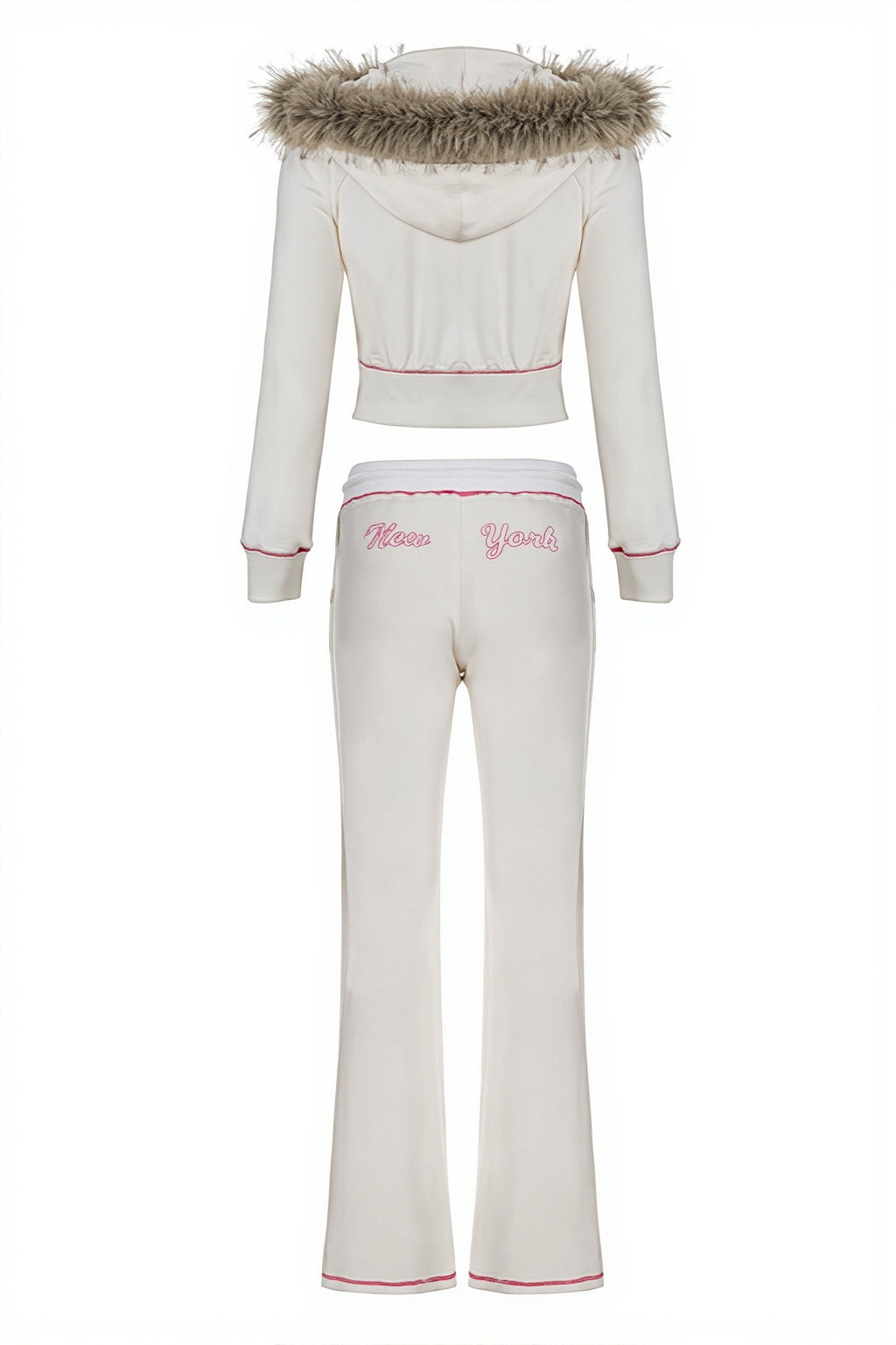 Fur Trim Velvet Crop Hoodie Pants Set