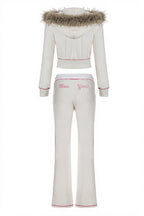 Fur Trim Velvet Crop Hoodie Pants Set