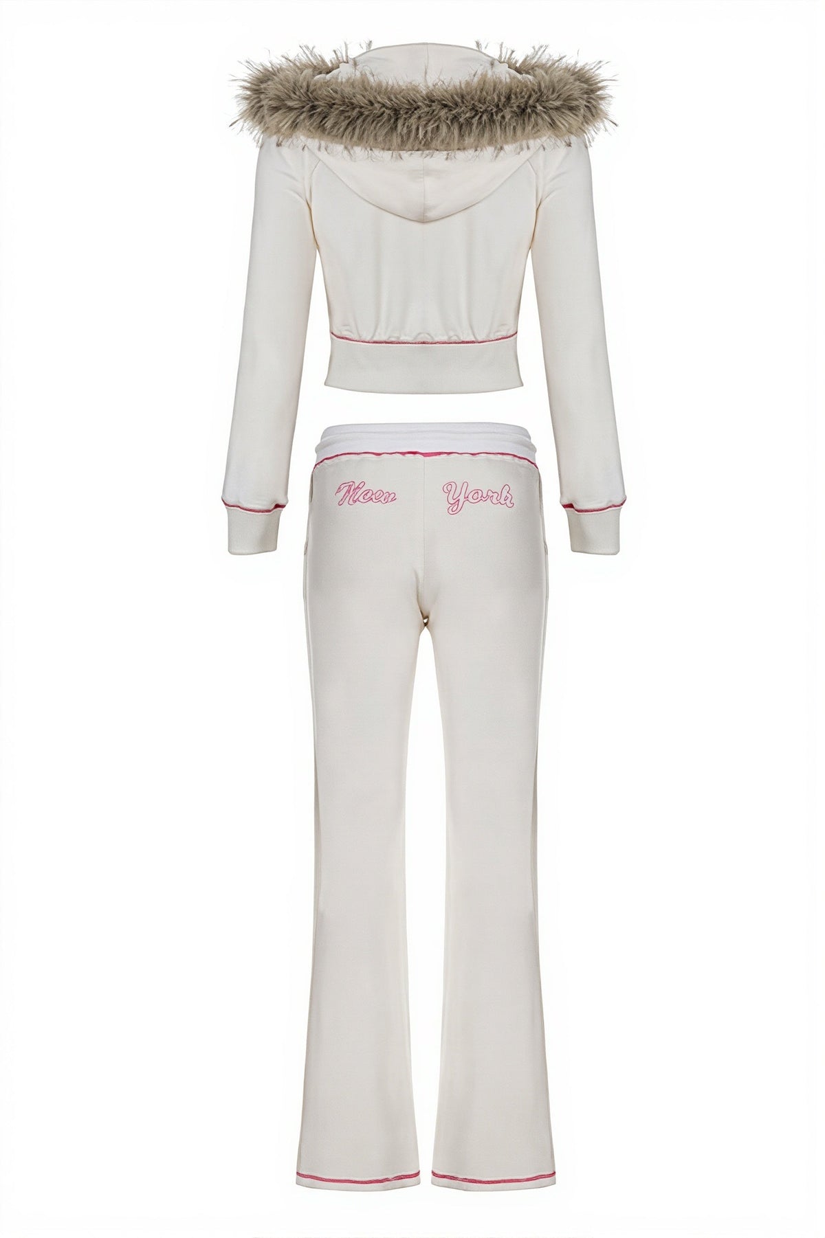 Fur Trim Velvet Crop Hoodie Pants Set