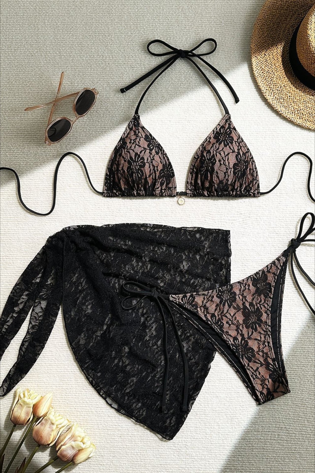 Lace Mesh Mini Skirt Three Piece Swim Set