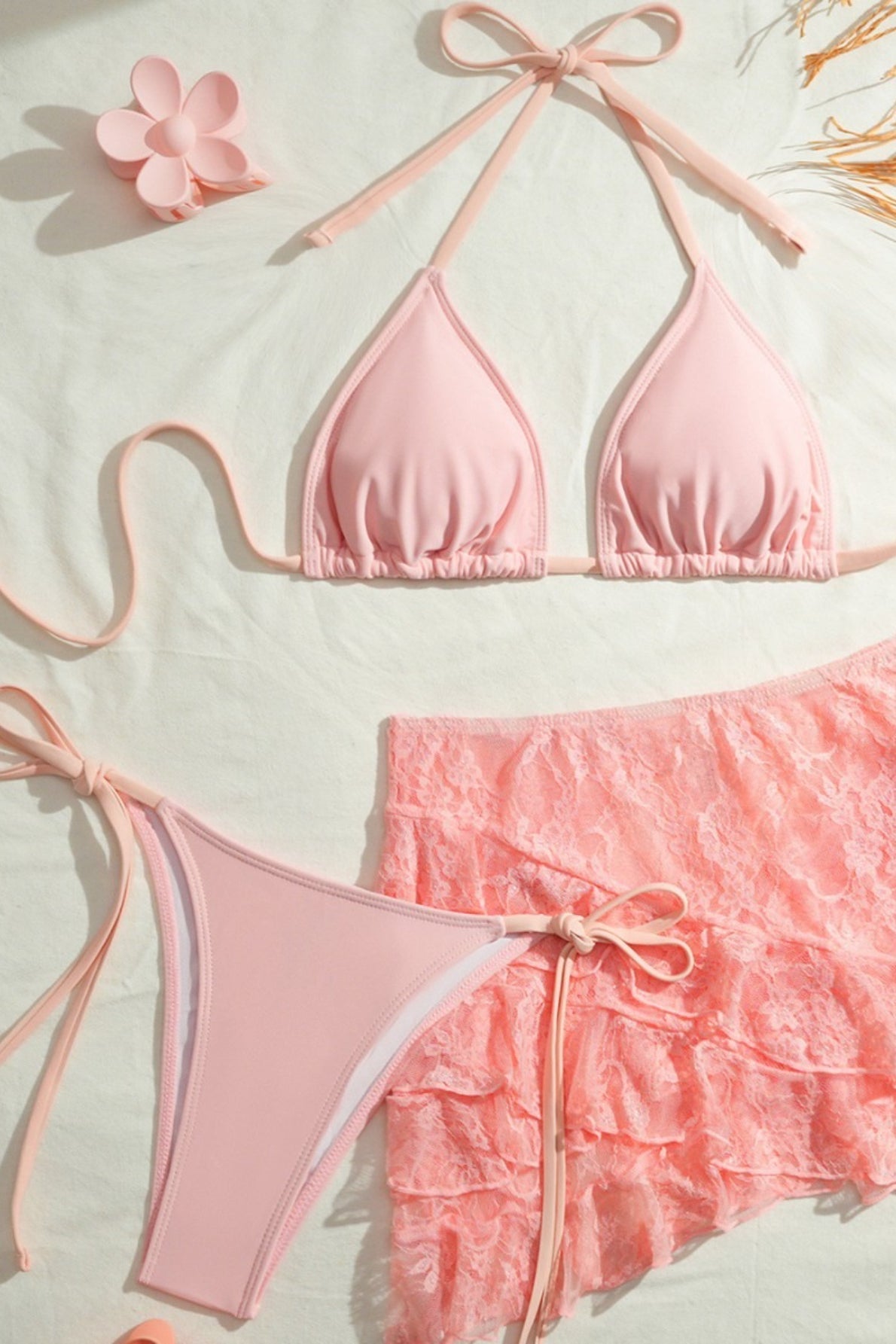 Lace Tie Cover Skirt Three Piece Swim Set