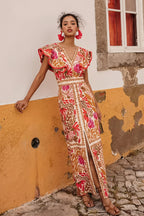Floral Ruffle Slit Back V Boho Dress