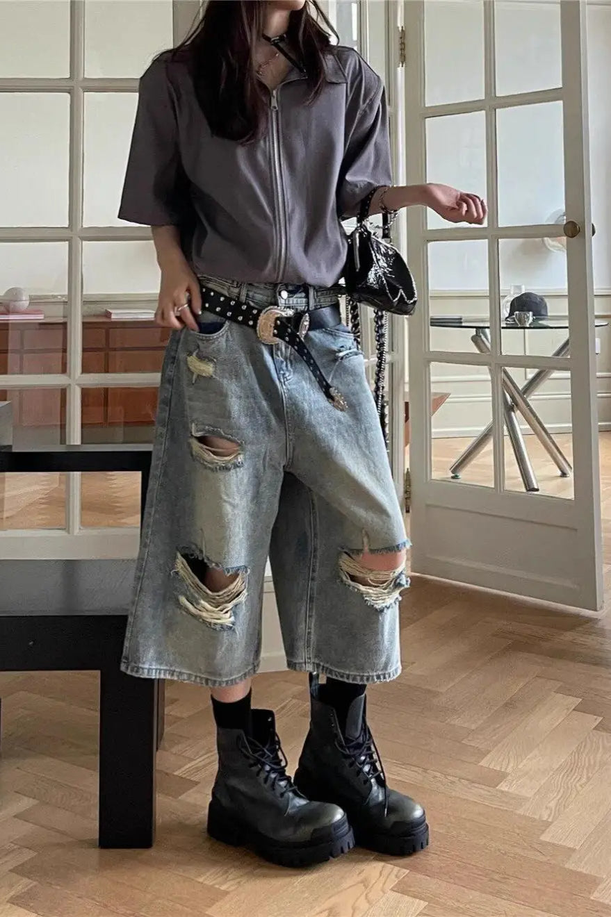 Loose Ripped Capri Wide Leg Jeans