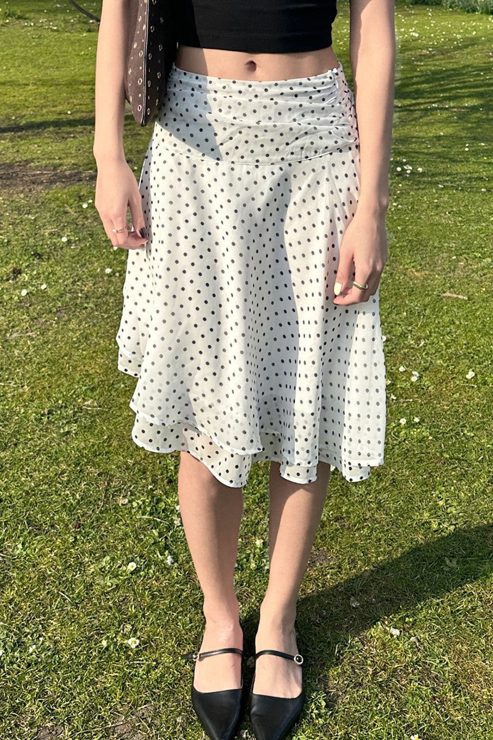 Polka Dot Low Rise Ruffle Trim A Line Skirt