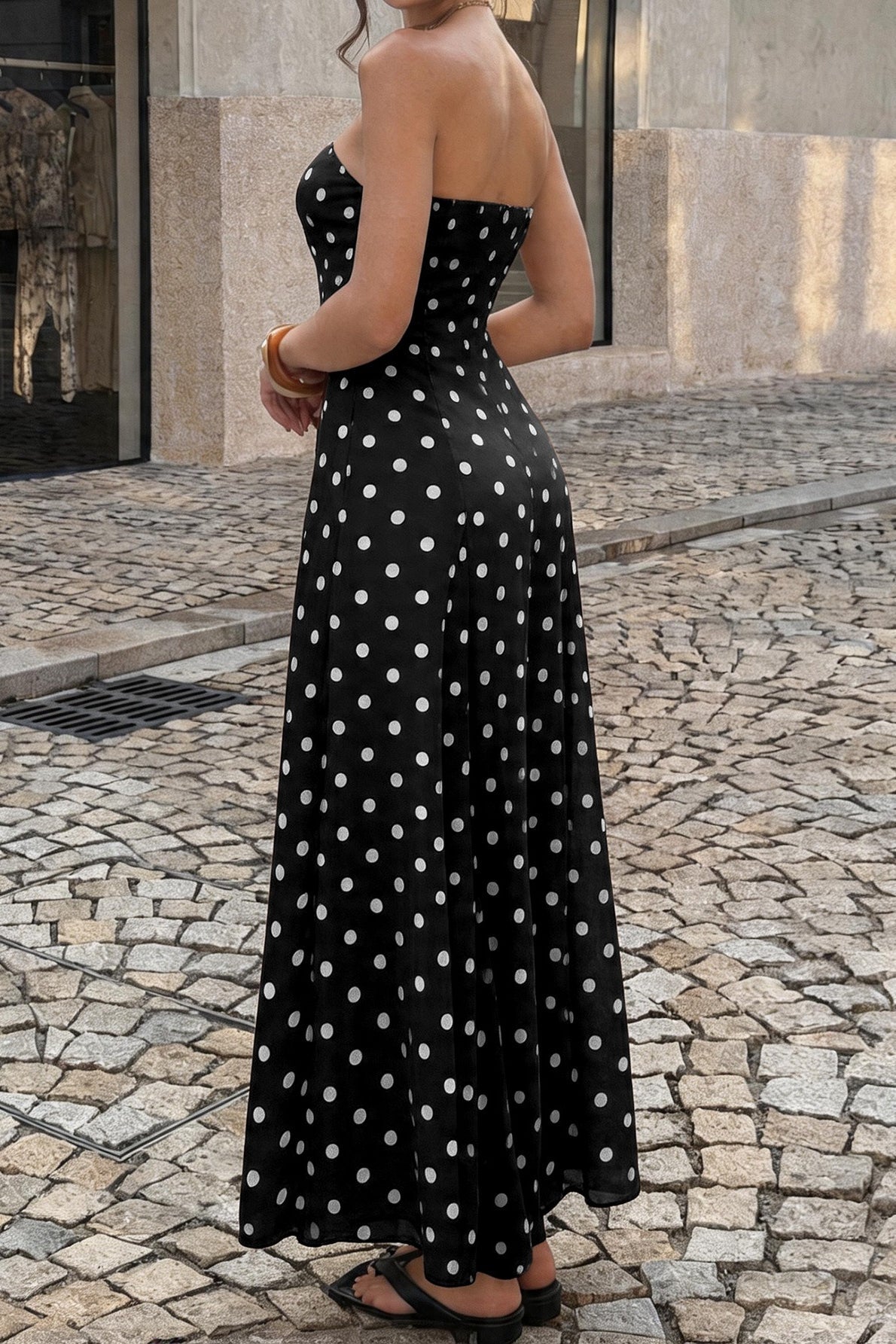 High Waist Polka Dot Strapless Slit Maxi Dress