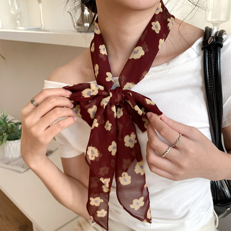 Vintage Floral Long Lightweight Neck Ribbon Scarf