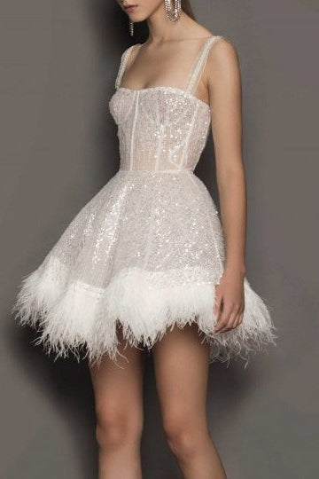 Con Plumas Lentejuelas Sin Tirantes Vestido de Fiesta