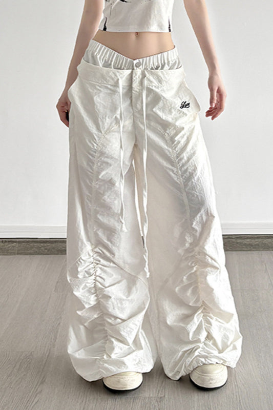 White Drawstring Wide-Leg Cargo Pant