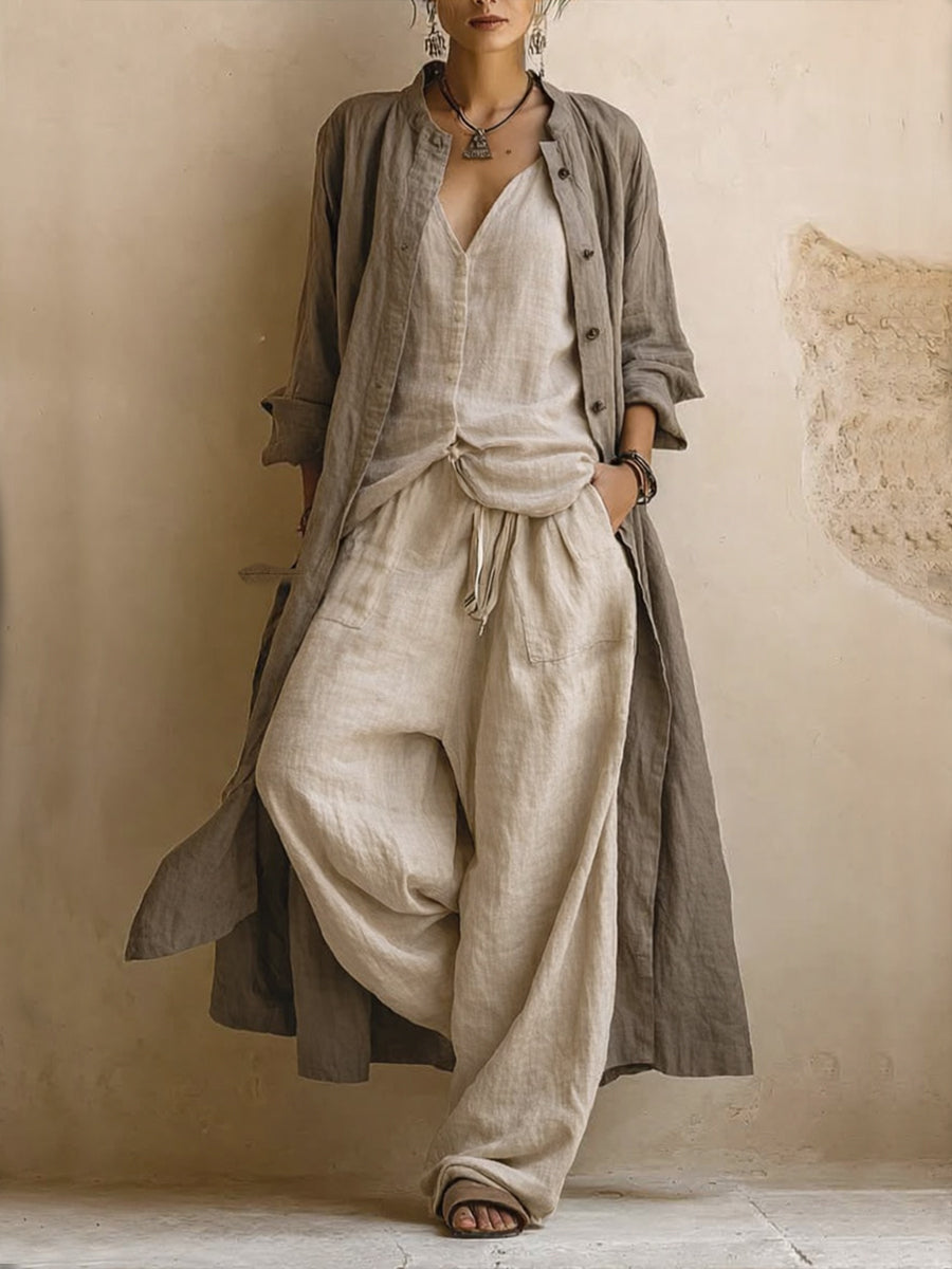 Donatella · Set da tre pezzi casual in lino e cotone: cardigan lungo, top senza maniche e pantaloni in stile bohemiano