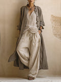 Donatella · Set da tre pezzi casual in lino e cotone: cardigan lungo, top senza maniche e pantaloni in stile bohemiano