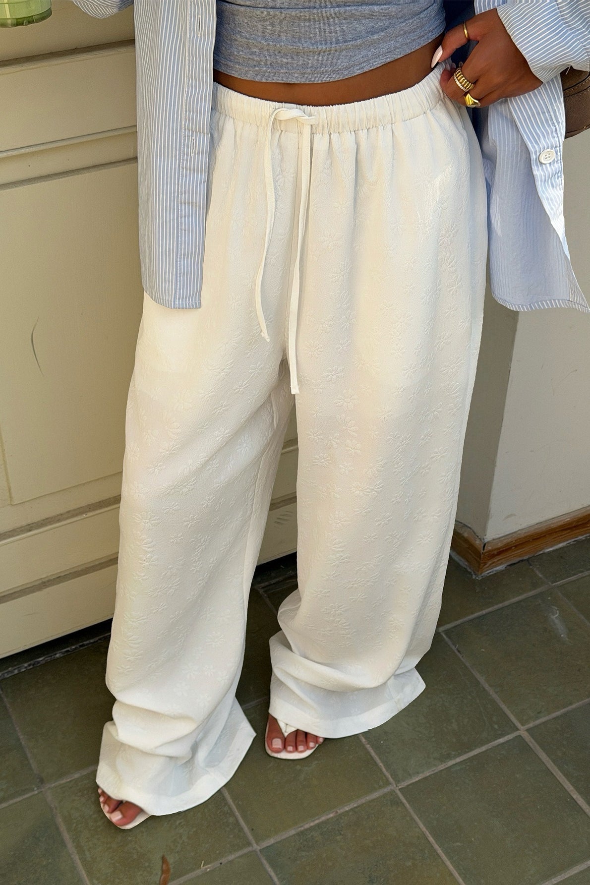 Solid High Waist Drawstring Wide Leg Pants