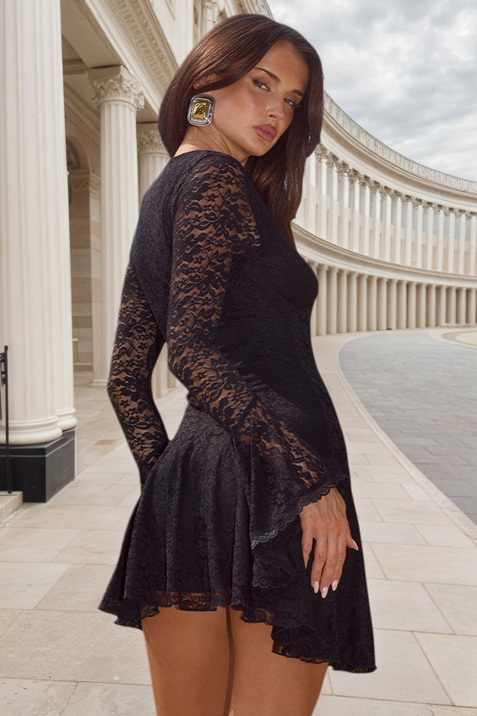 V Neck Long Sleeve Embroidered Lace Mini Dress