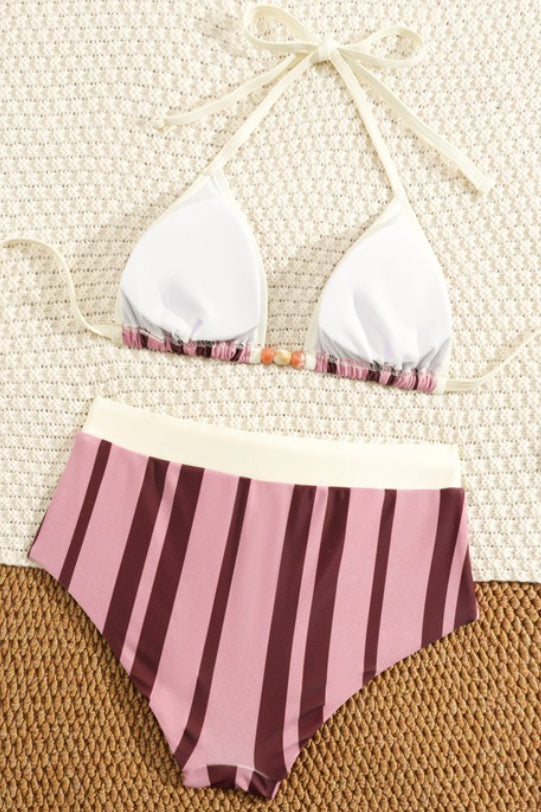 Striped Triangle Halter Two Piece Swim Set