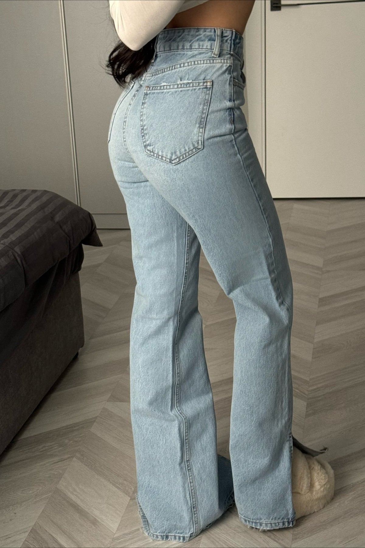 Asymmetric Waist Slim Flare Leg Jeans