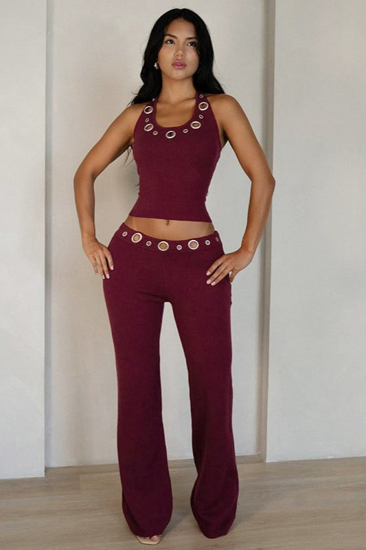 Halter Cut Out Top Slim Fit Straight Leg Pants Set
