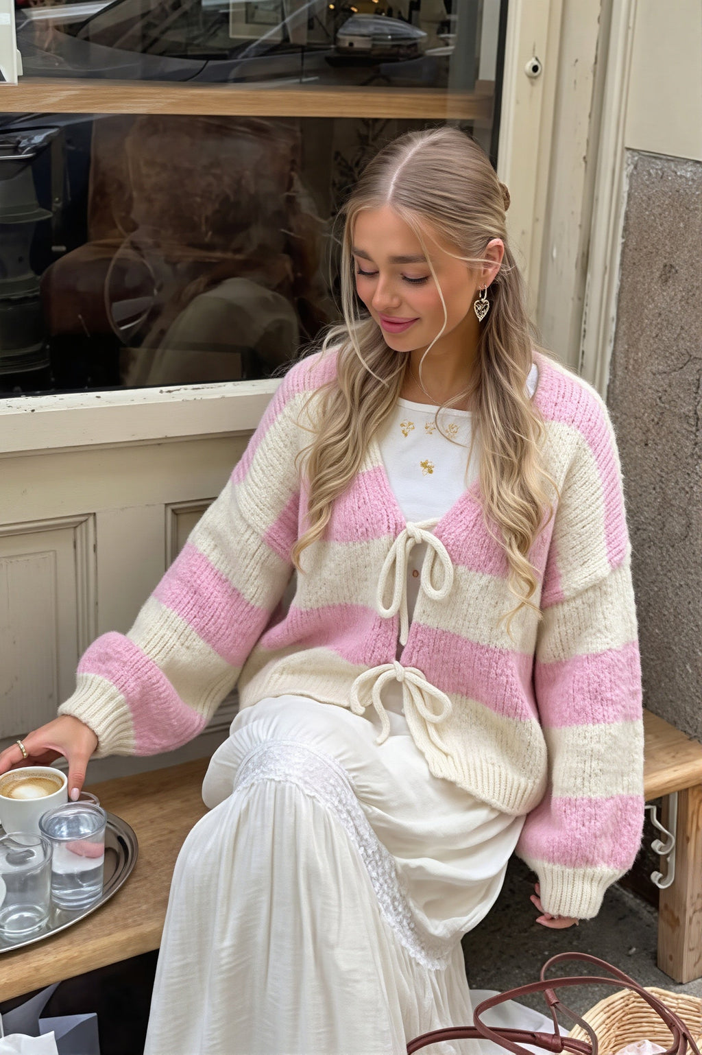 Wide Stripe Tie Balloon Sleeve Cardigan