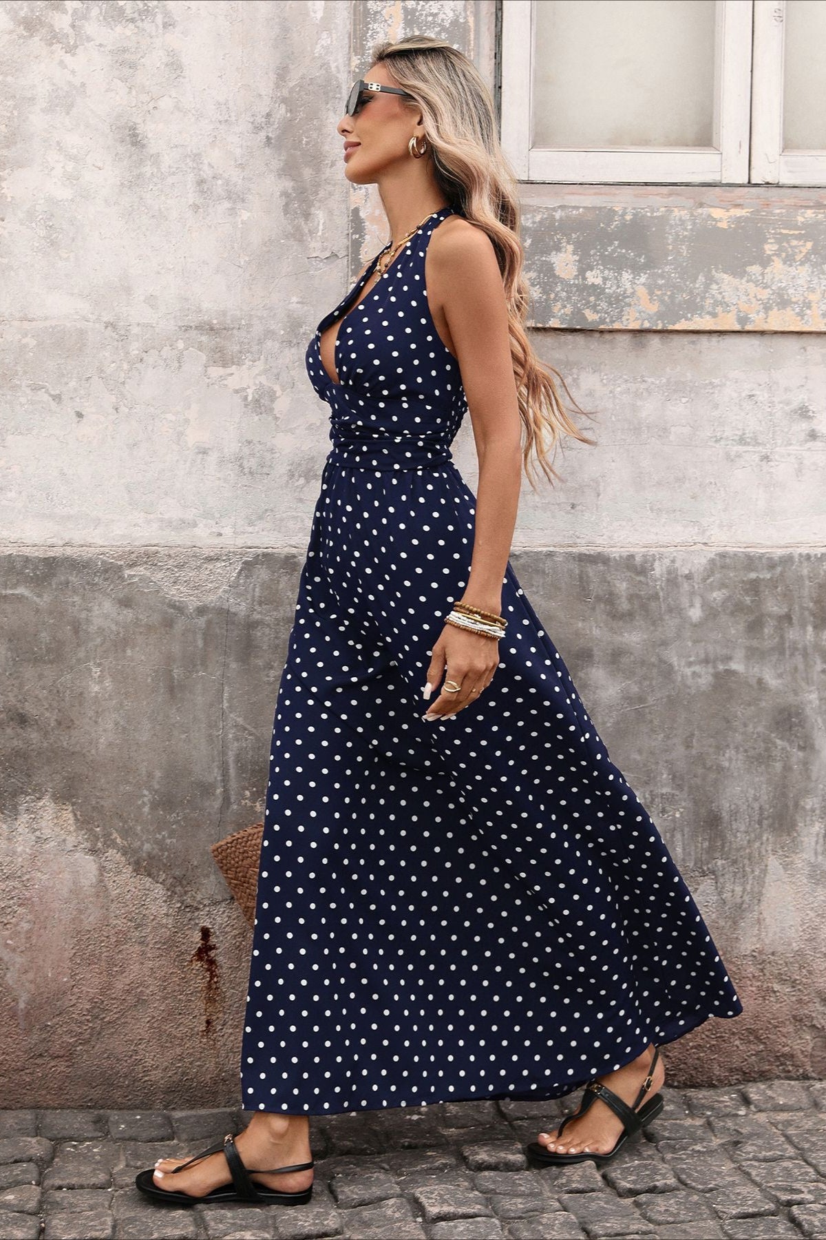 Retro Polka Dot Halter Deep V Maxi Dress
