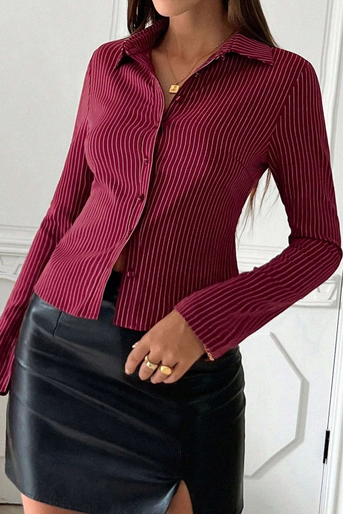Escote en V A Rayas Manga Larga Blusa