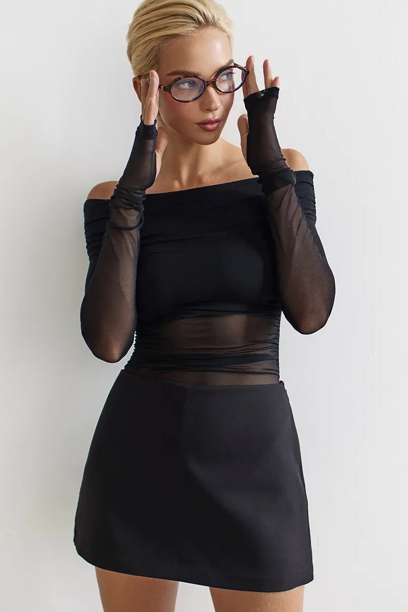 Off Shoulder Sheer Mesh Slim Fit Long Sleeve Tee