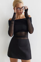 Long-sleeve, fitted, sheer mesh, off-the-shoulder top