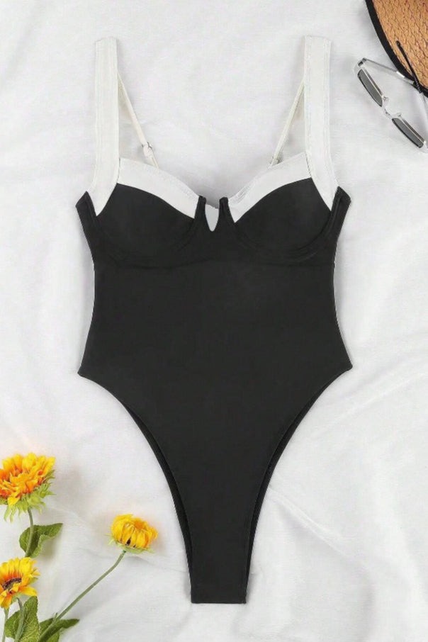 Retro Colorblock Halter Backless One Piece Swimwear