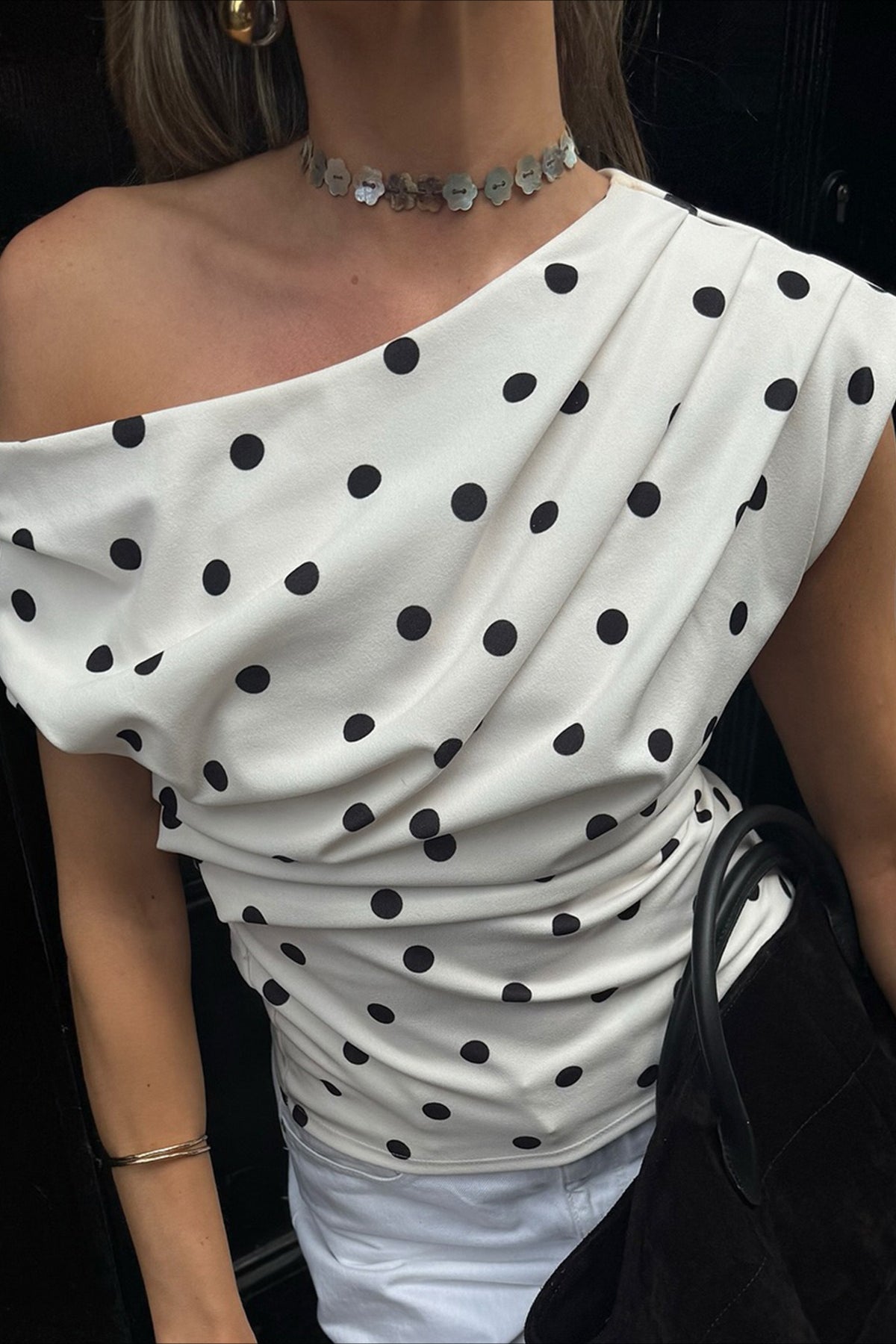 Retro Lunares Un Hombro Blusa