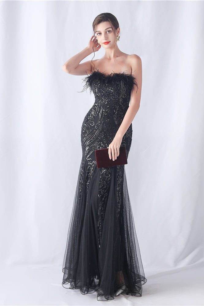 Pluma de Avestruz Lentejuelas Vestido de Fiesta de Noche
