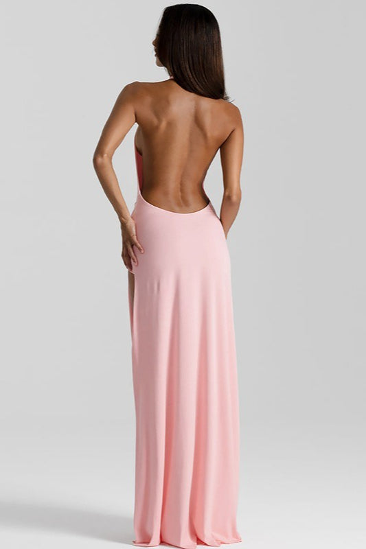 Deep V Halter Ruched Backless High Slit Maxi Dress