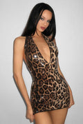 Halter Deep V Leopard Print Mini Dress