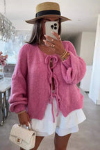 Bow Tie Front Crew Neck Knit Casual Cardigan